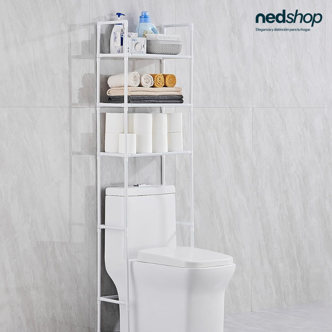 Estanteria de almacenamiento de metal sobre el inodoro en color negro elegante